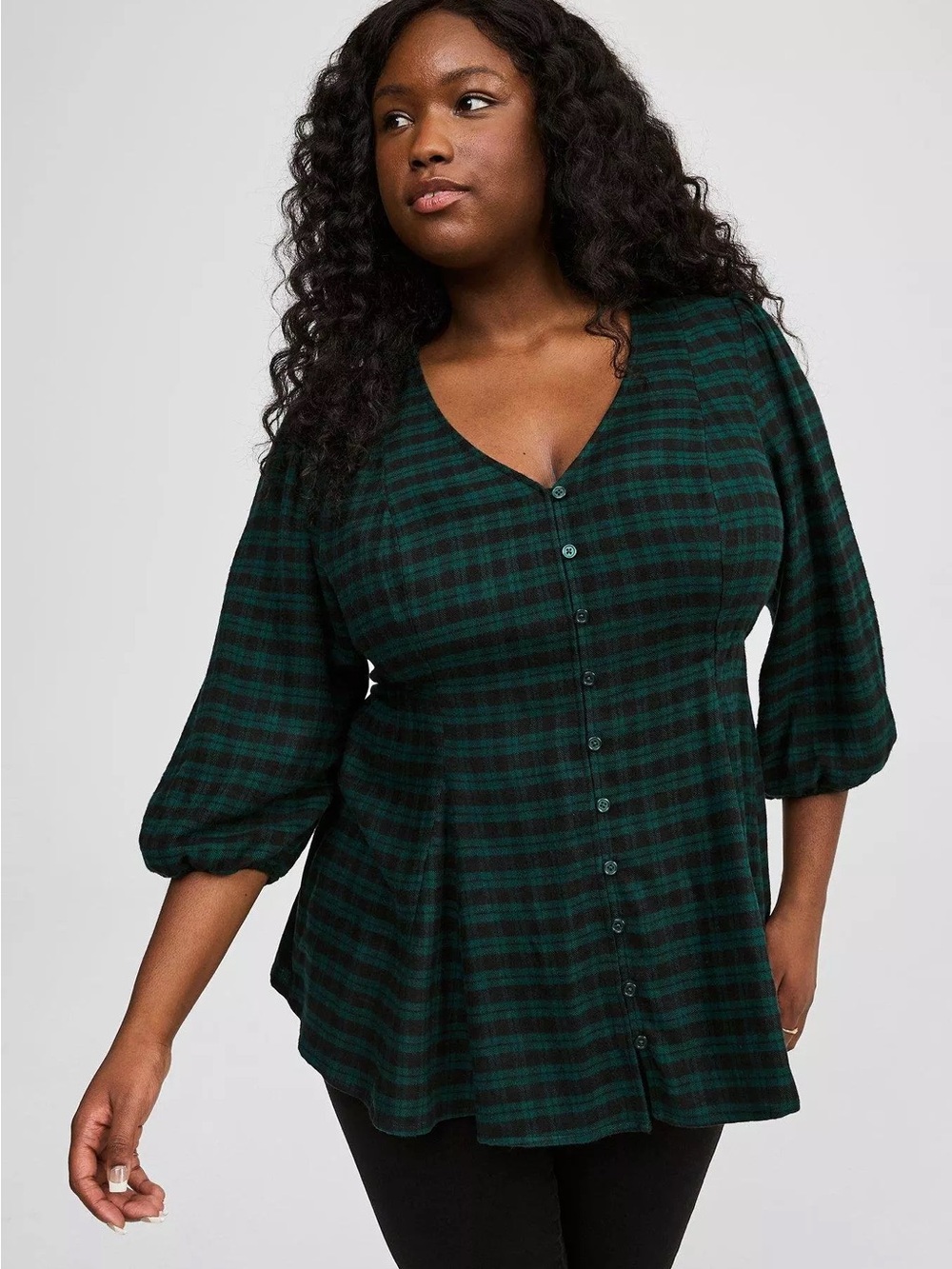 torrid Fit and Flare Softest Flannel Dark Green and Black Plaid Button Down Top